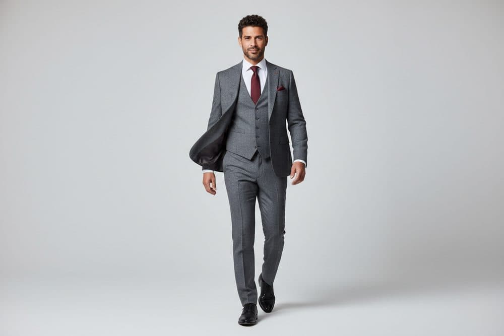 Man in grijs three-piece kostuum
