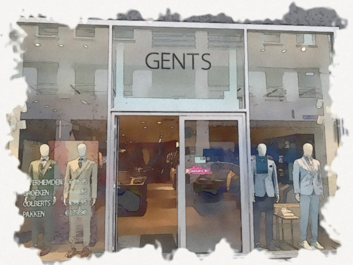 Aquarel van de winkelpui van GENTS Almere
