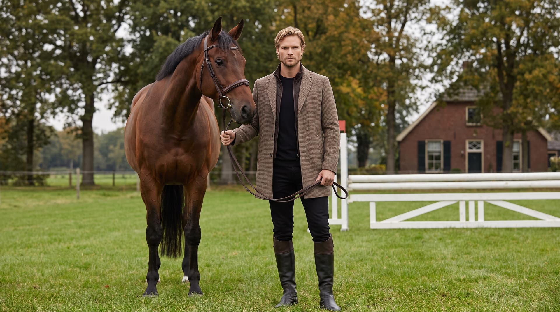 Man in een bruine geruite wollen jas met een bruin paard aan de teugel in een Twents weiland