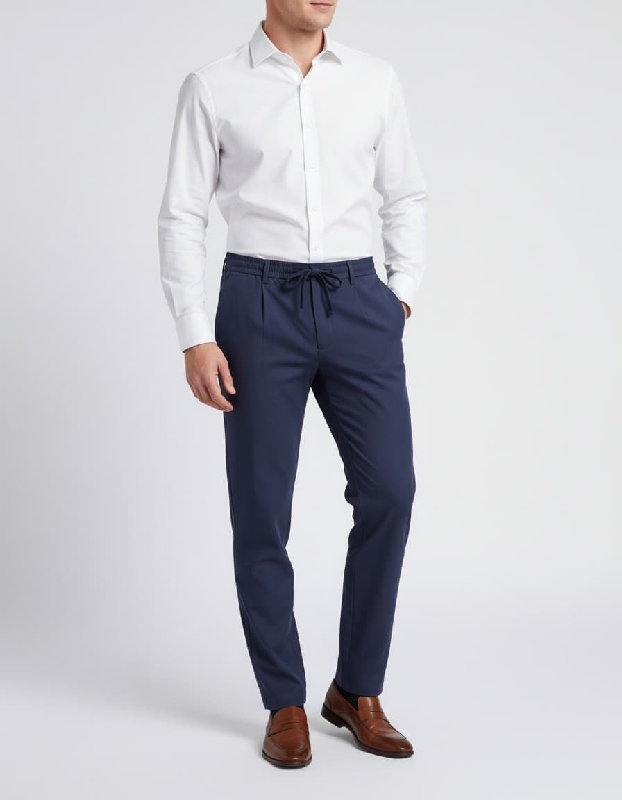 Chino linnen-katoen navy — op model