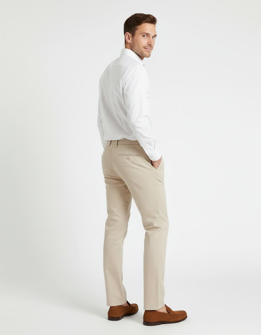 Chino stretch dobby zand — op model
