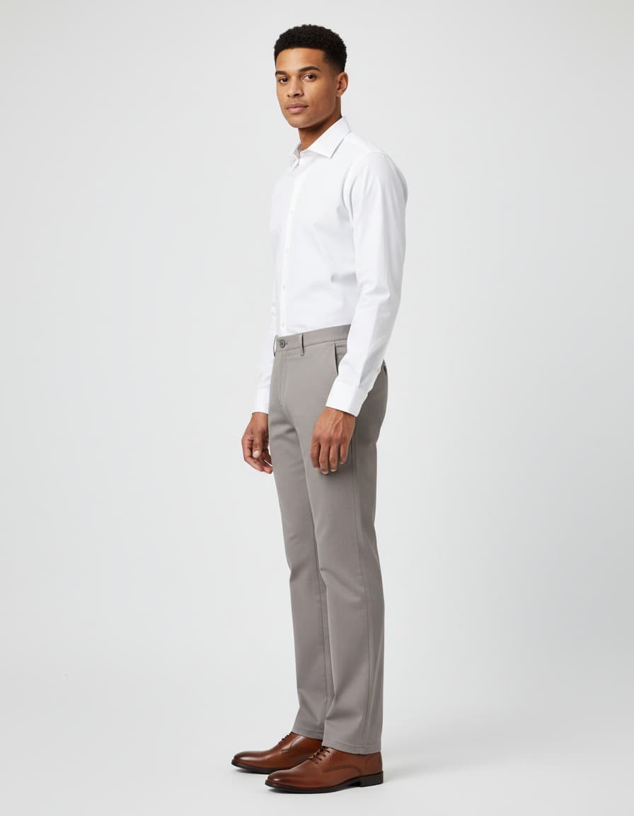 Chino stretch structuur grijs — op model