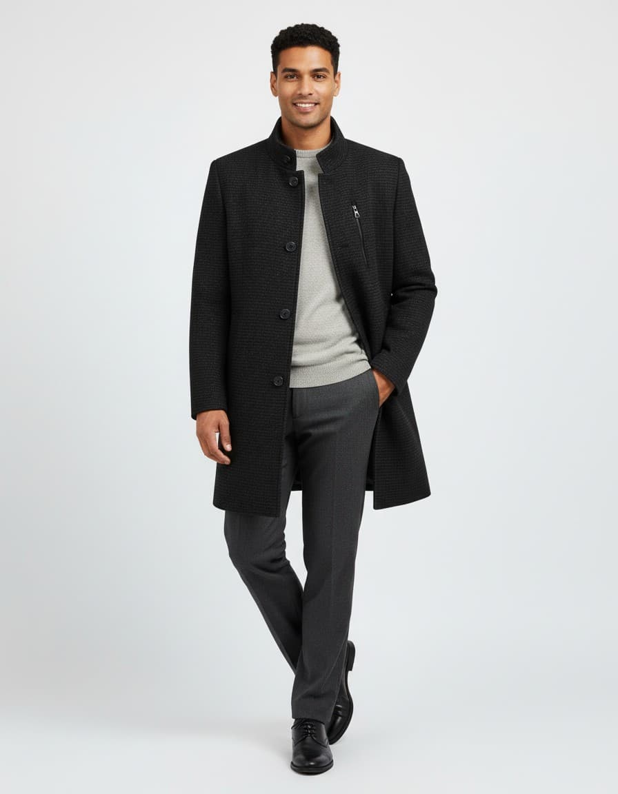 Coat houndstooth windvanger zwart-grijs — op model