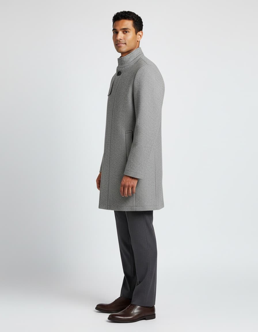 Coat stand-up collar grijs — op model