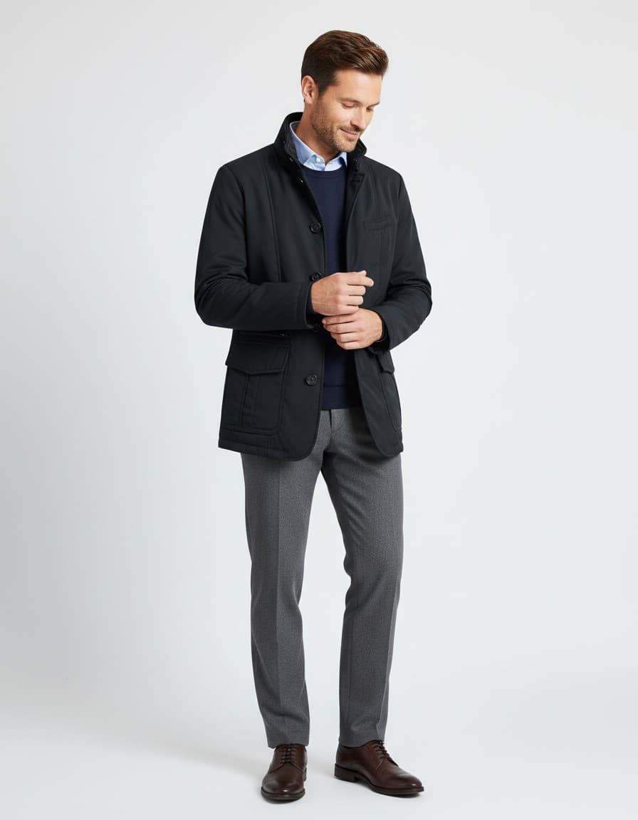 Coat windvanger navy — op model