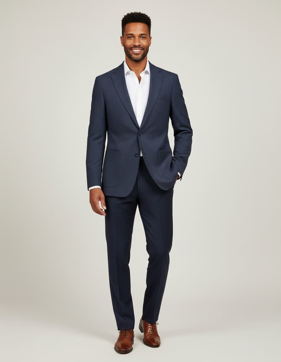 Colbert bi-stretch blauw — op model