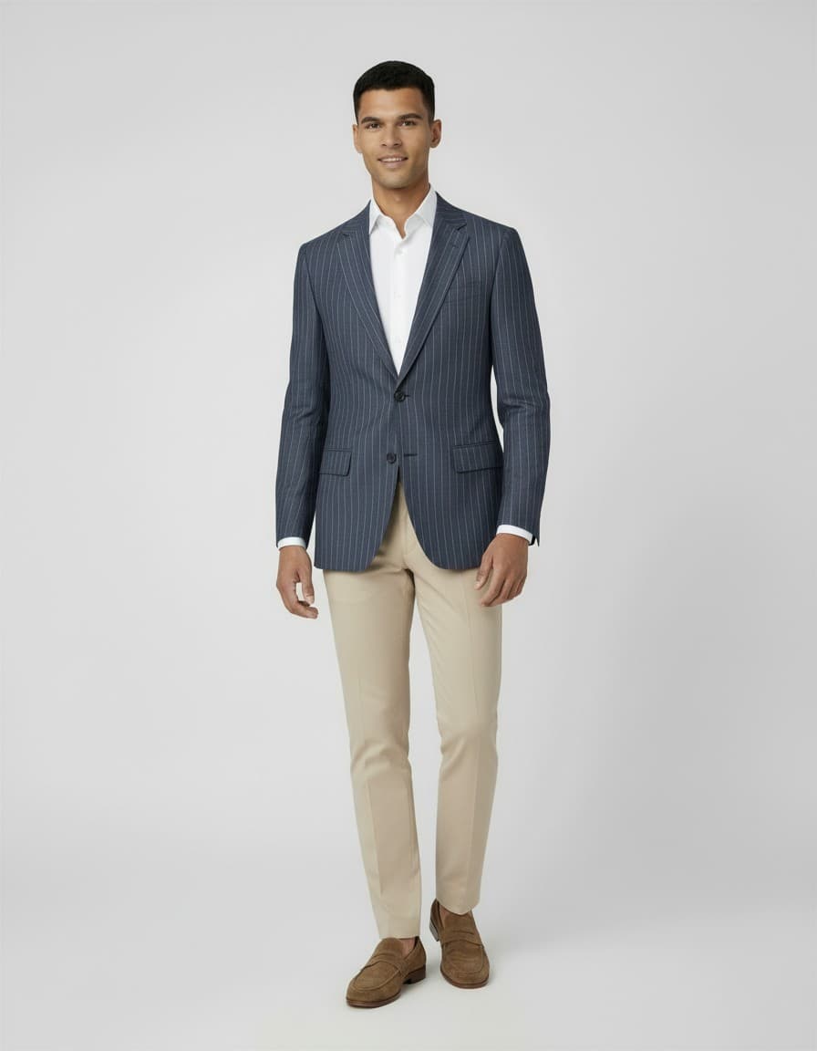 Colbert pinstripe denim-blauw — op model