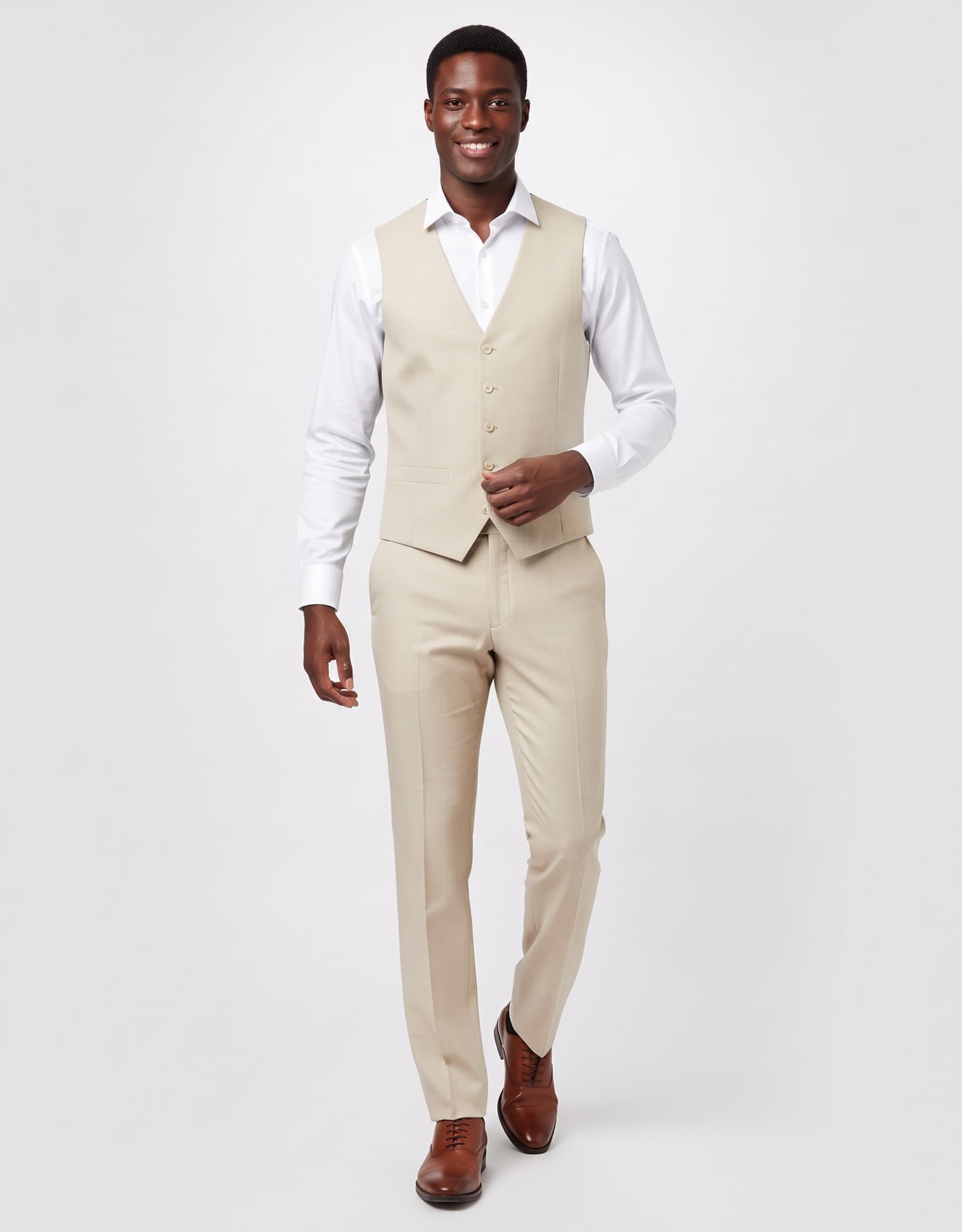 Gilet linnenlook zand — op model