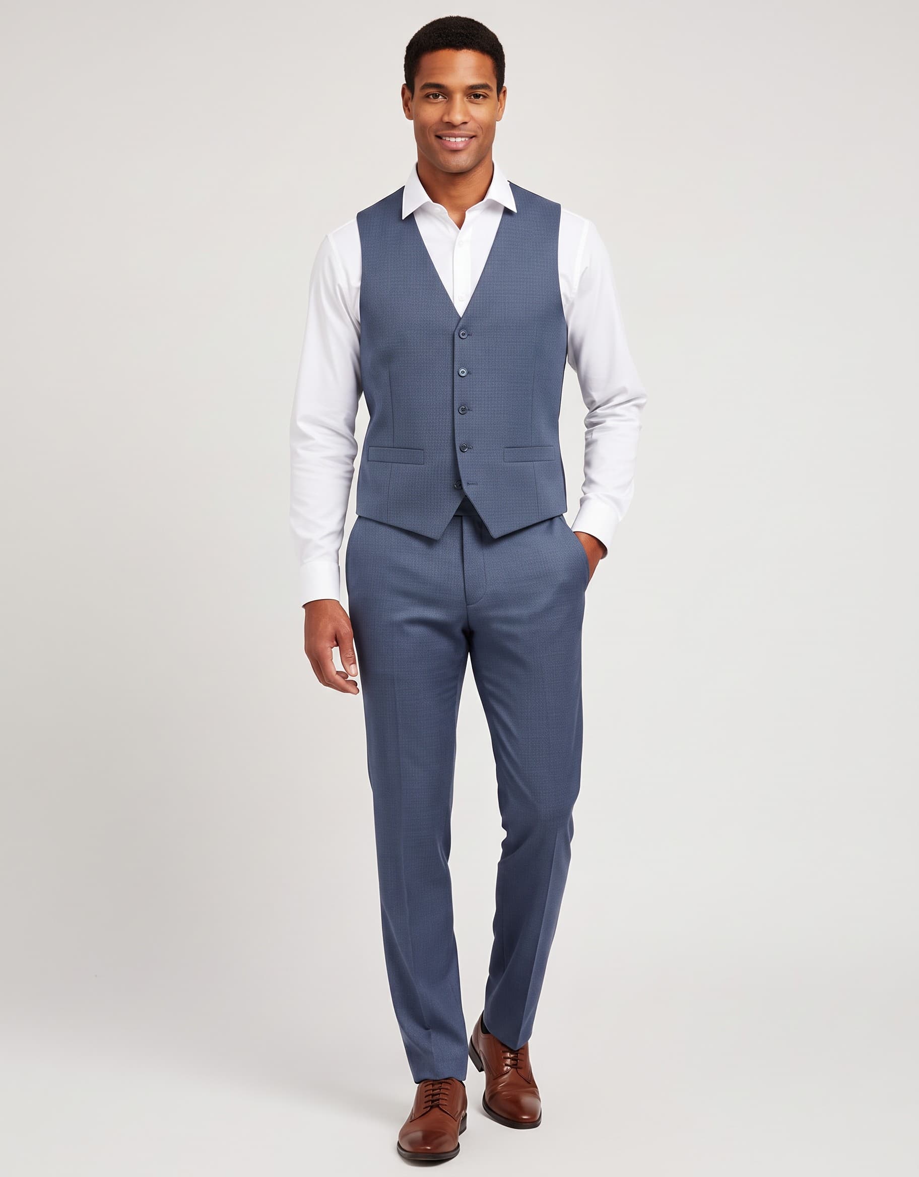 Gilet stretch birdseye blauw — op model