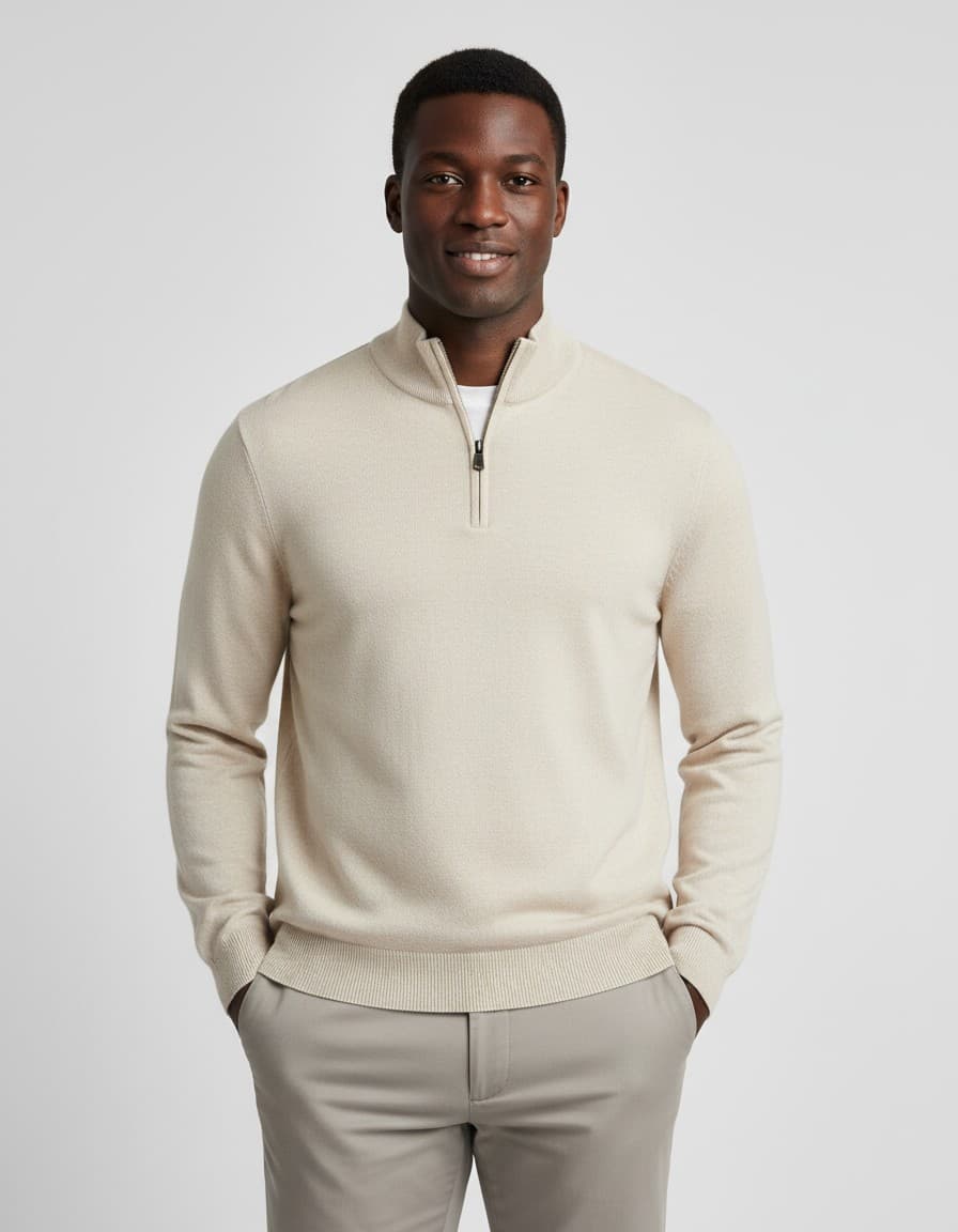 Halfzip merinoblend off-white — op model