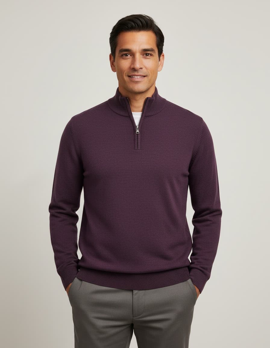 Halfzip merinoblend plum paars — op model