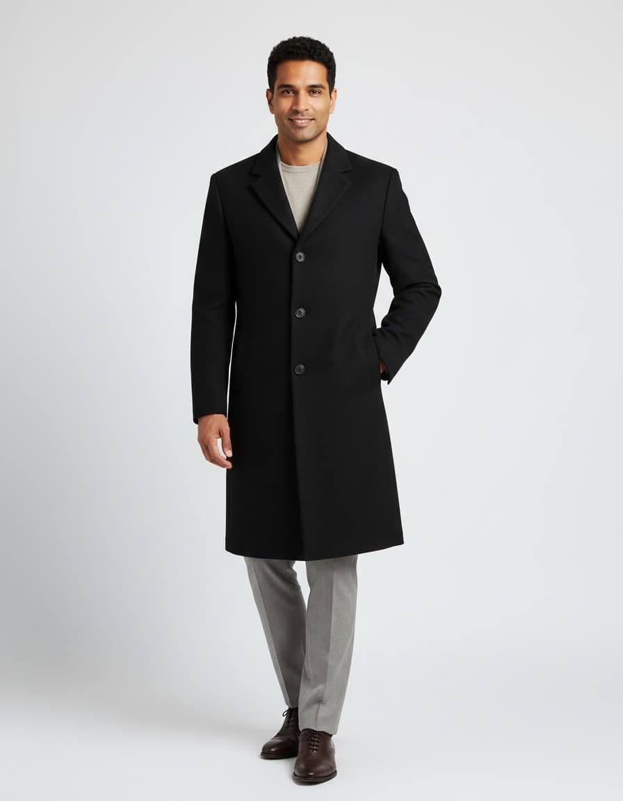 Overjas wol lang zwart — op model