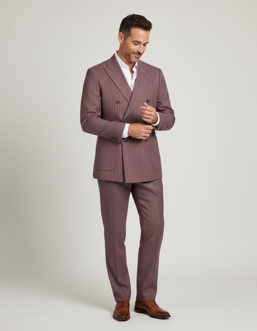 Pak double-breasted streep mauve roodpaars — op model