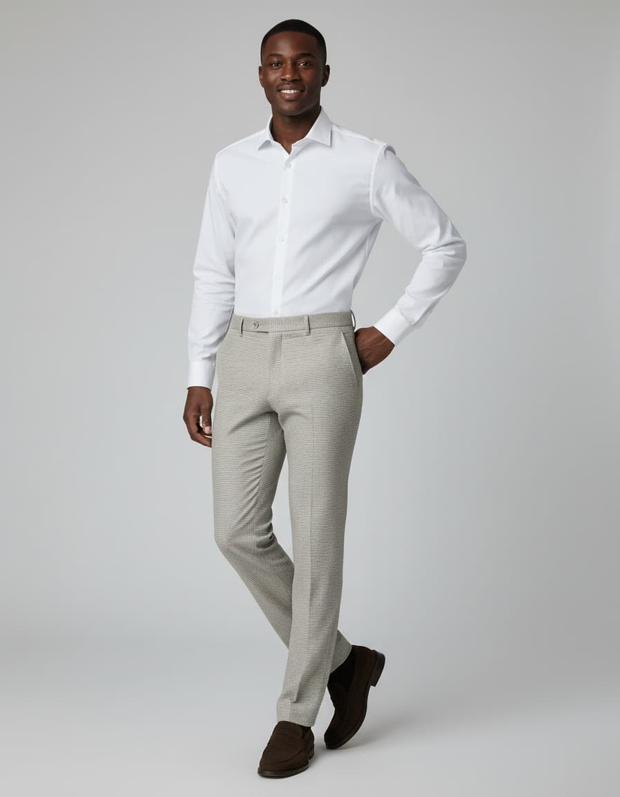 Pantalon pied-de-poule beige — op model