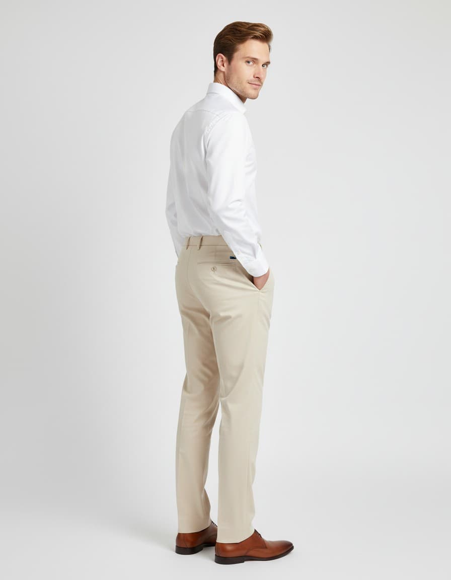 Pantalon stretch beige — op model