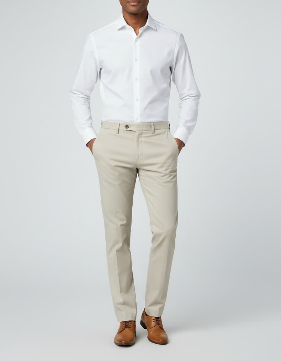 Pantalon stretchkatoen zand — op model