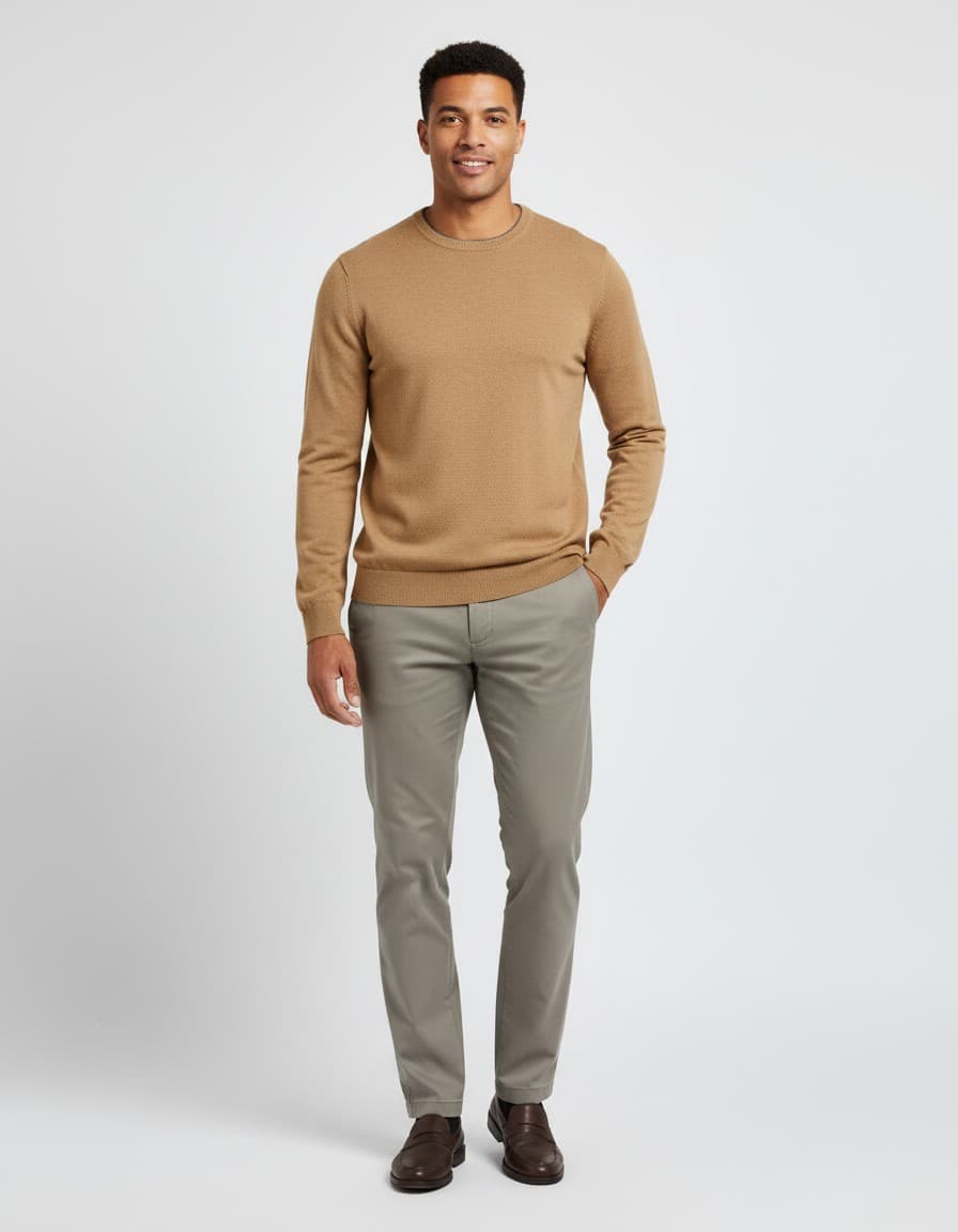 Trui ronde hals katoen camel — op model