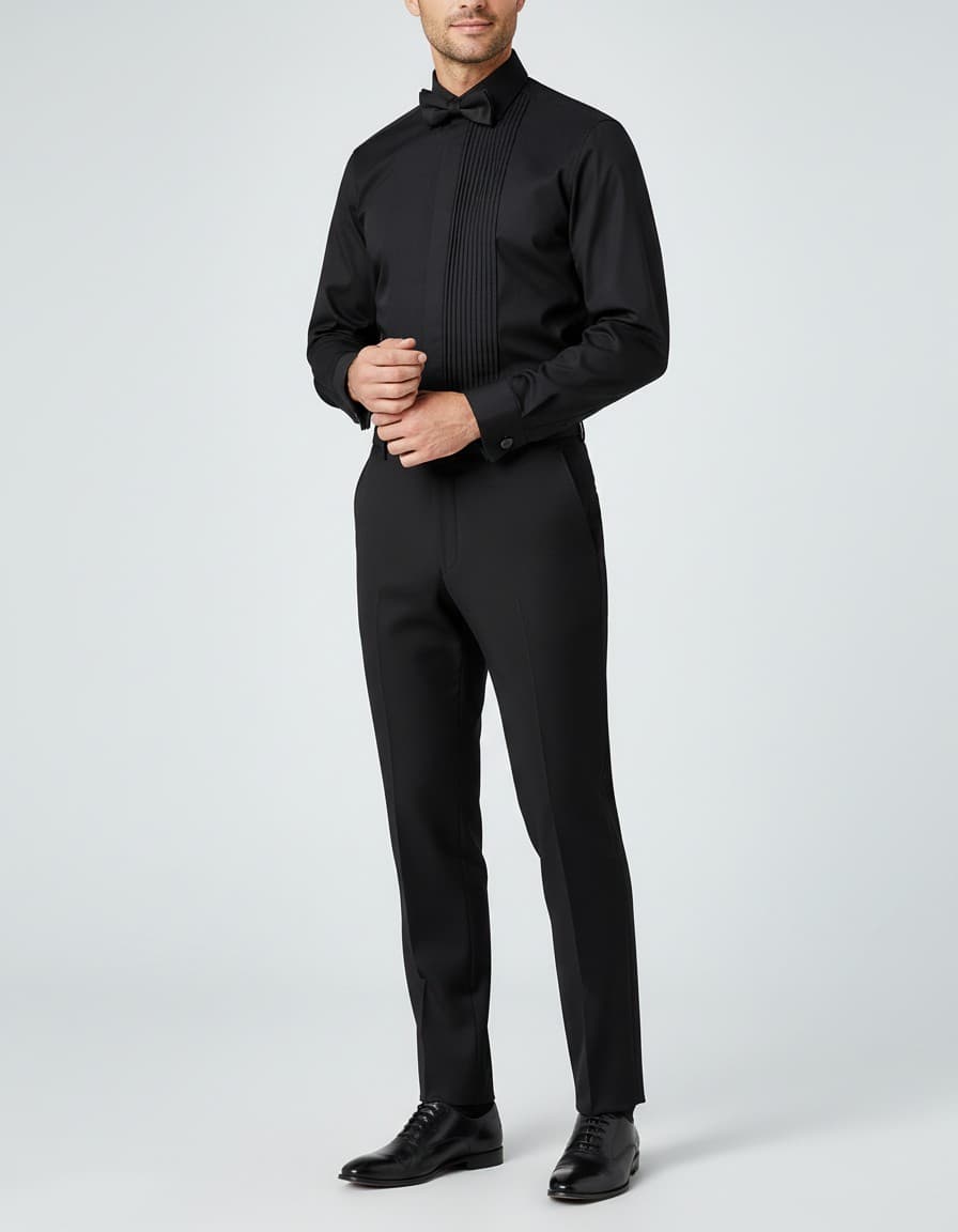 Smoking overhemd zwart plisse — op model