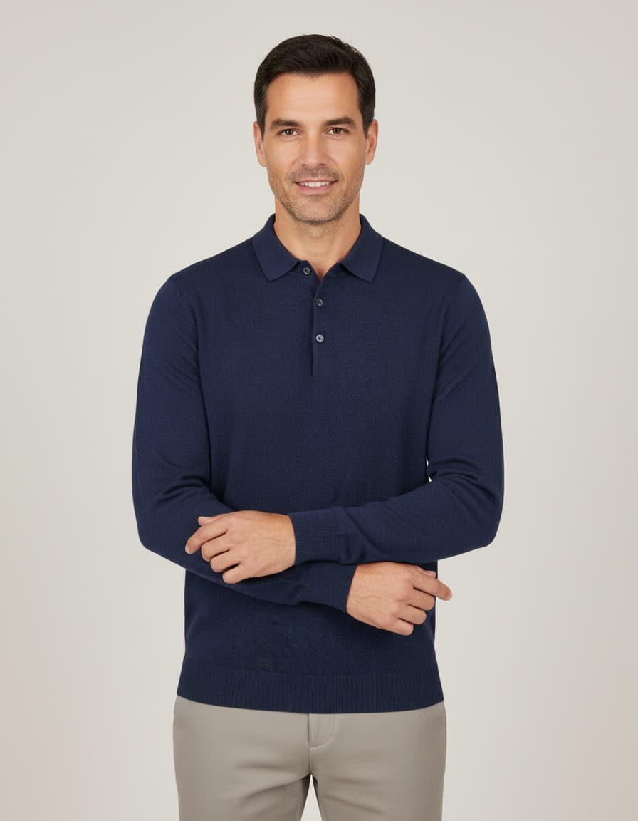 Trui polokraag blauw — op model