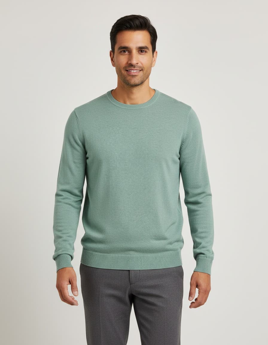 Trui ronde hals katoen groen — op model