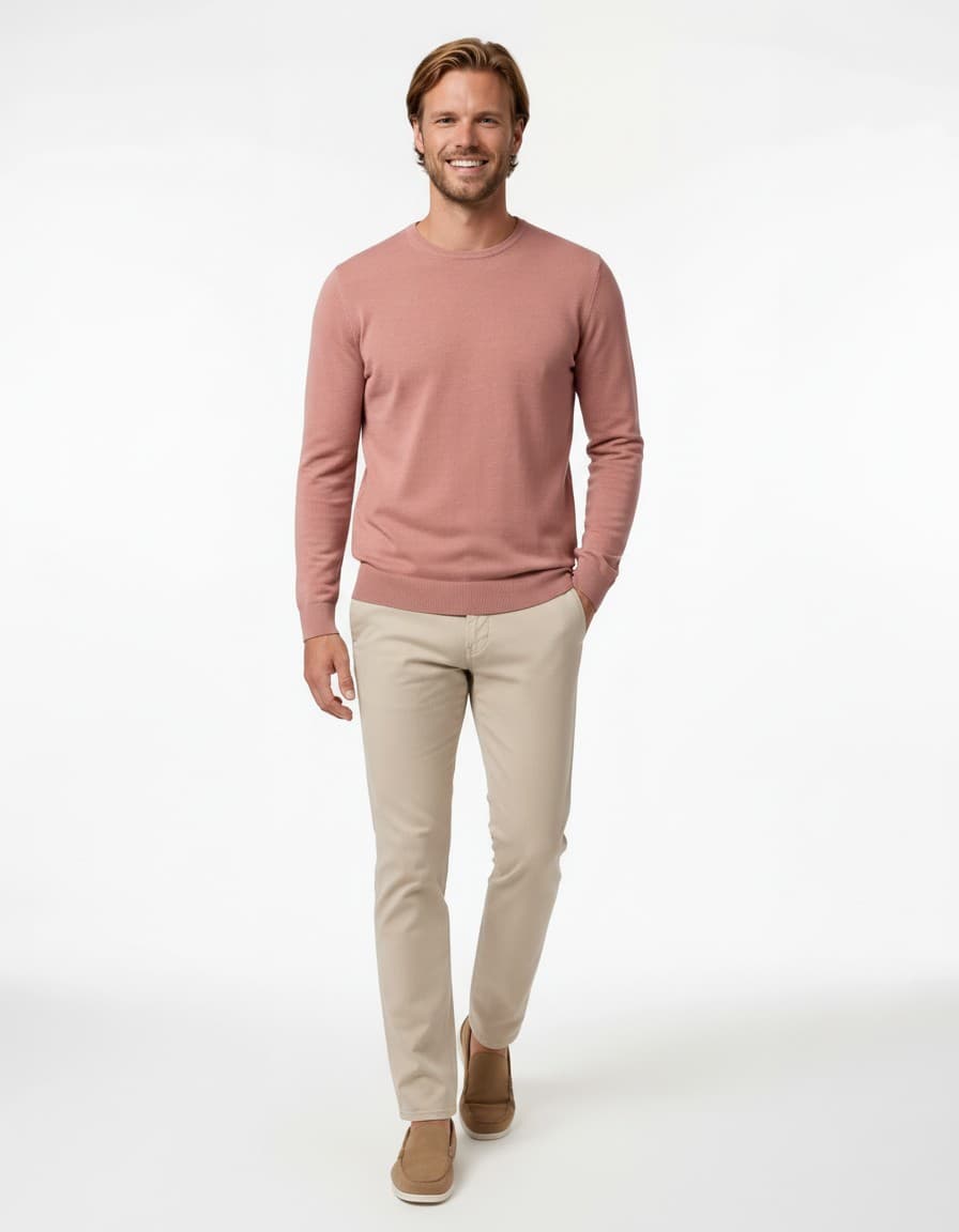 Trui ronde hals katoen roze — op model